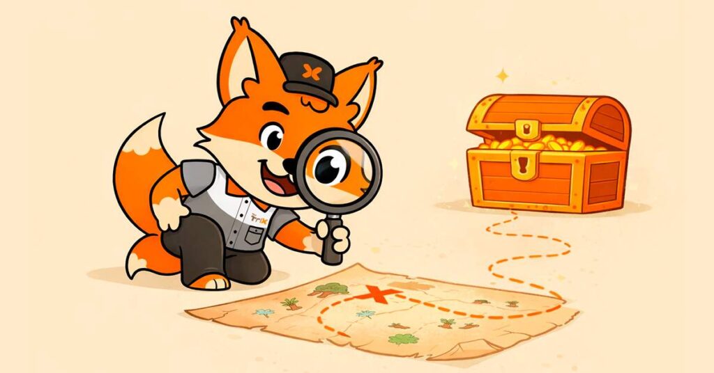 A raposinha Nix ajoelhada segurando uma lupa olhando para o mapa do tesouro que leva ao baú laranja repleto de tesouros